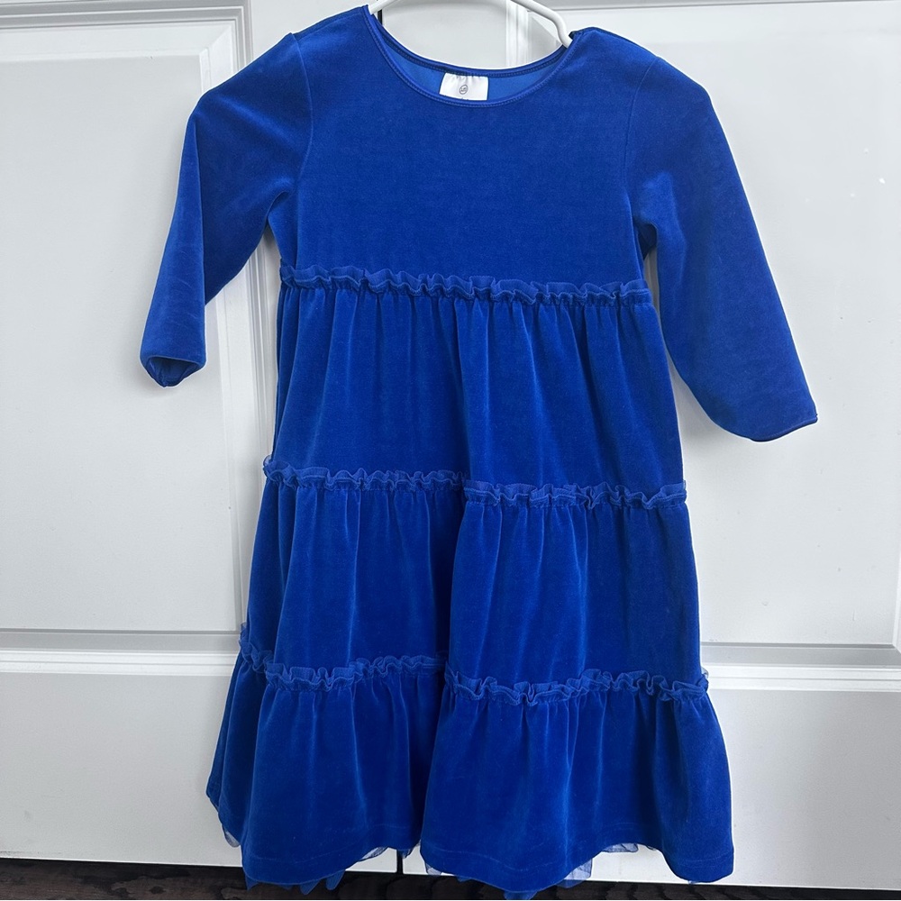 Hanna Andersson Girls 3/4 Sleeves Blue Velour Dress Size 120